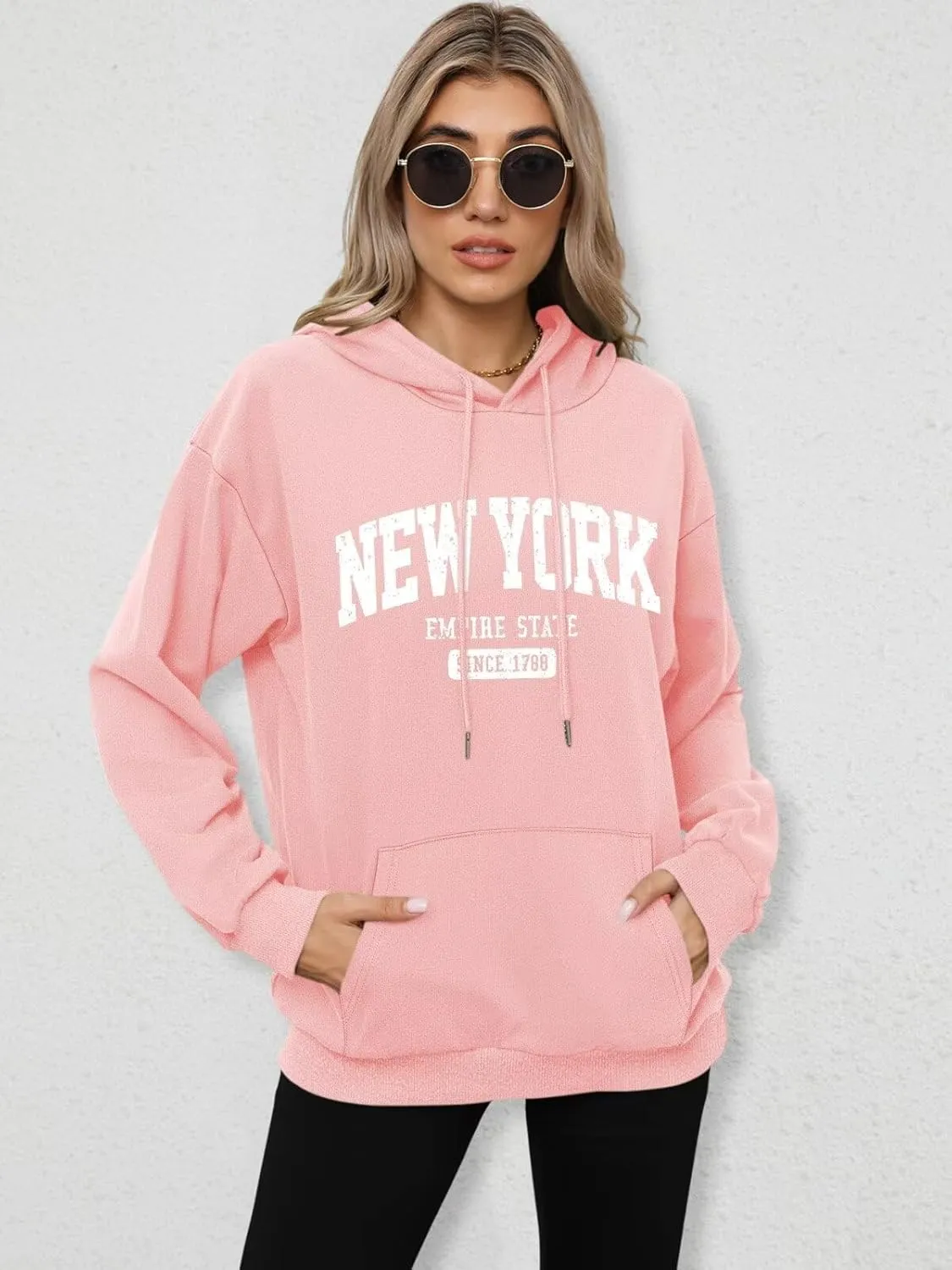 ORANDESIGNE Letter Graphic Print Hoodies for Women Oversized Long Sleeve Casual Drawstring Fall Pullover Sweatshirt Tops