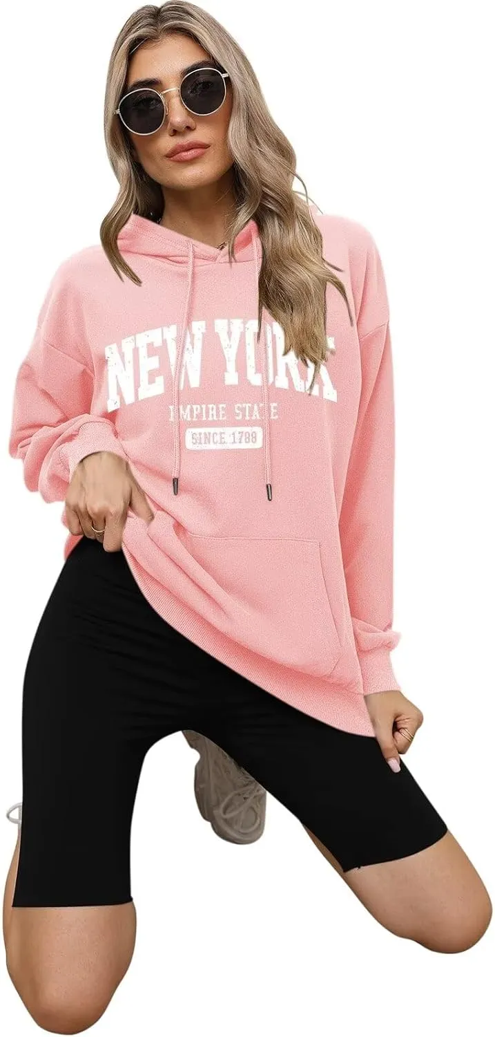 ORANDESIGNE Letter Graphic Print Hoodies for Women Oversized Long Sleeve Casual Drawstring Fall Pullover Sweatshirt Tops