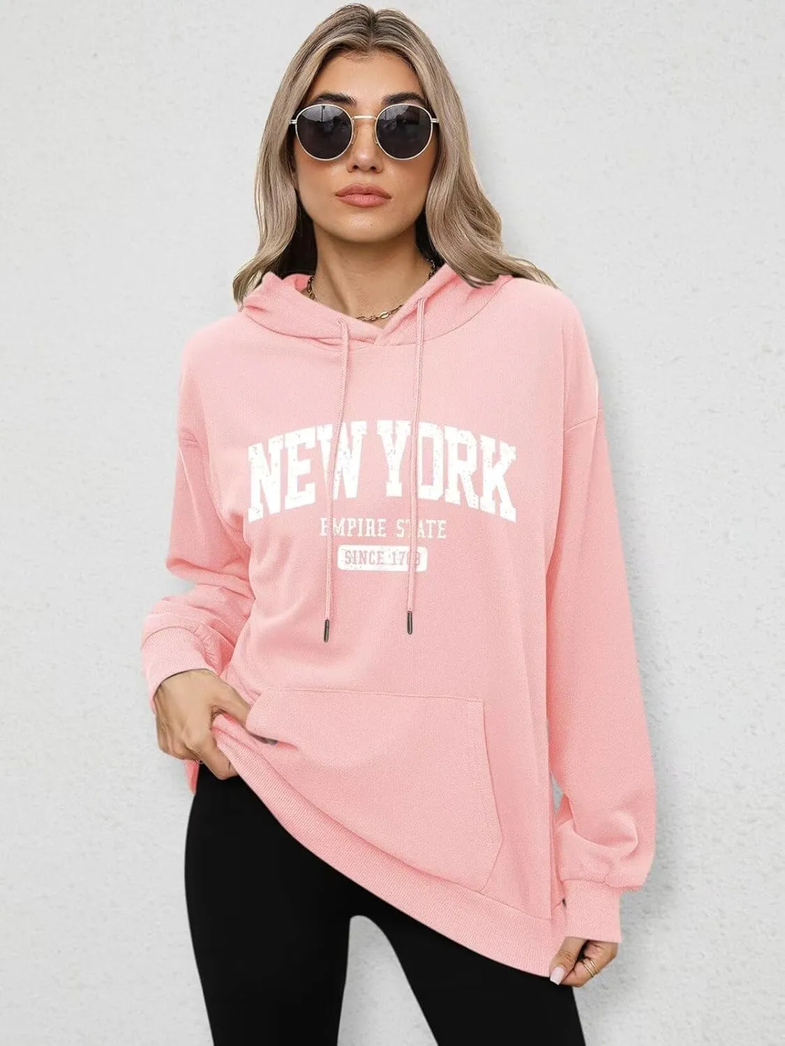 ORANDESIGNE Letter Graphic Print Hoodies for Women Oversized Long Sleeve Casual Drawstring Fall Pullover Sweatshirt Tops