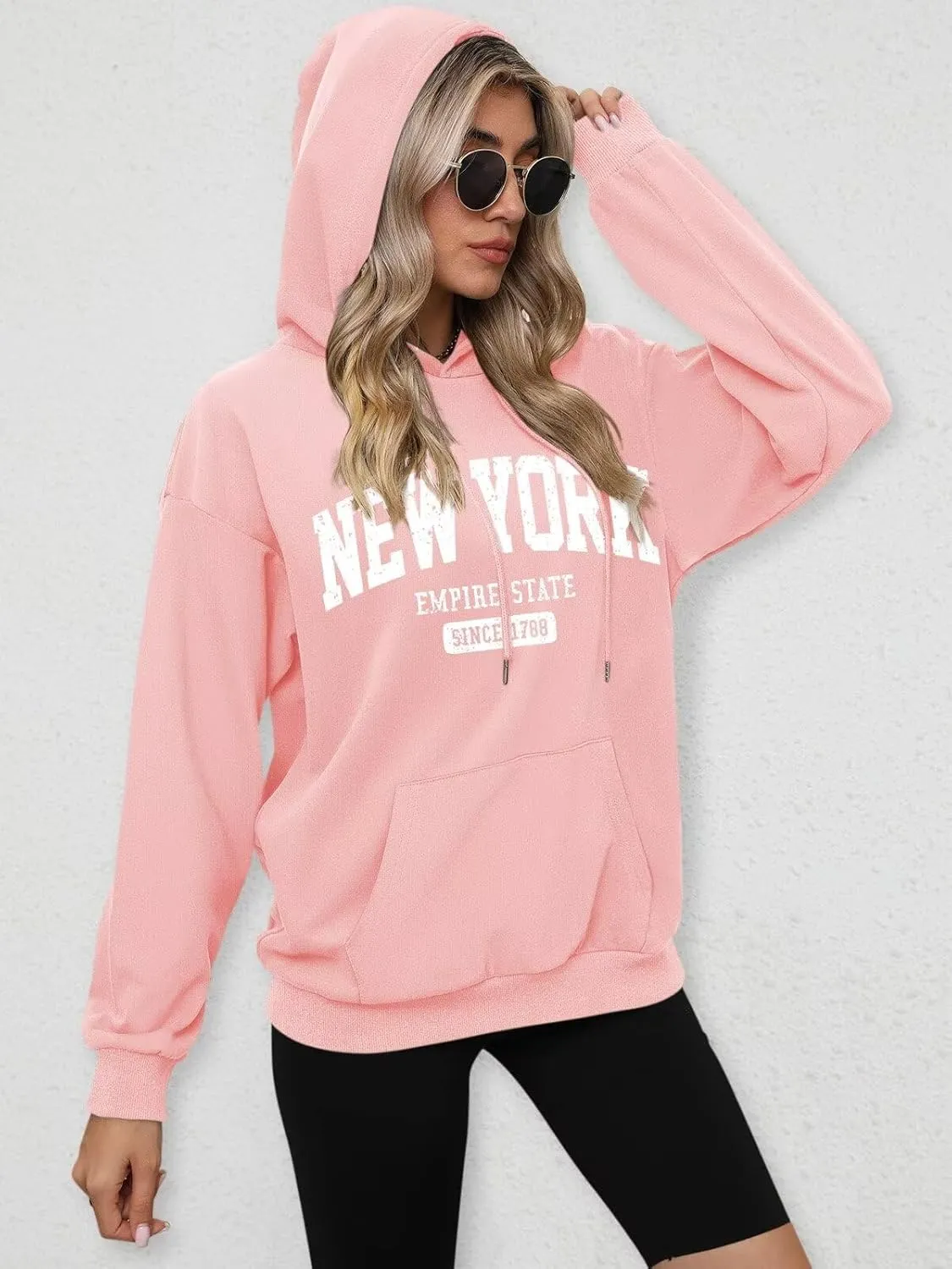 ORANDESIGNE Letter Graphic Print Hoodies for Women Oversized Long Sleeve Casual Drawstring Fall Pullover Sweatshirt Tops