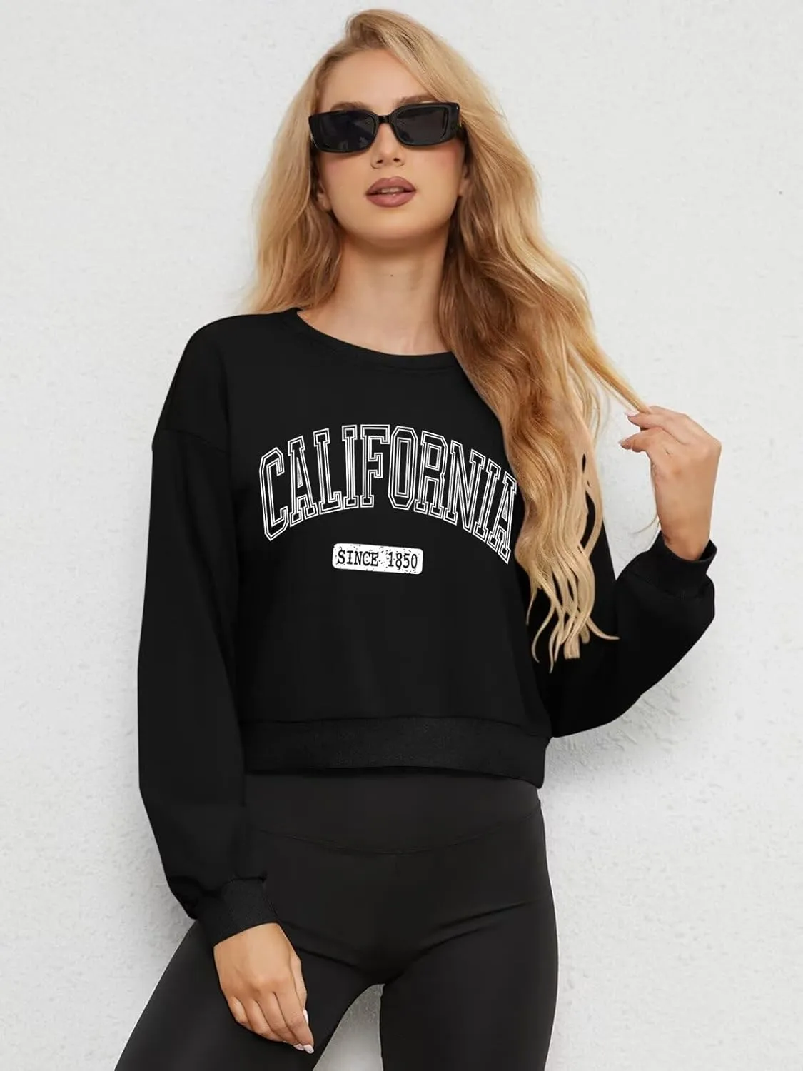 ORANDESIGNE Womens Cropped Letter Printed Sweatshirts Graphic Crewneck Long Sleeve Pullover Casual Loose Fit Tops