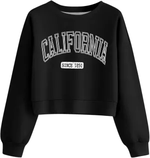ORANDESIGNE Womens Cropped Letter Printed Sweatshirts Graphic Crewneck Long Sleeve Pullover Casual Loose Fit Tops
