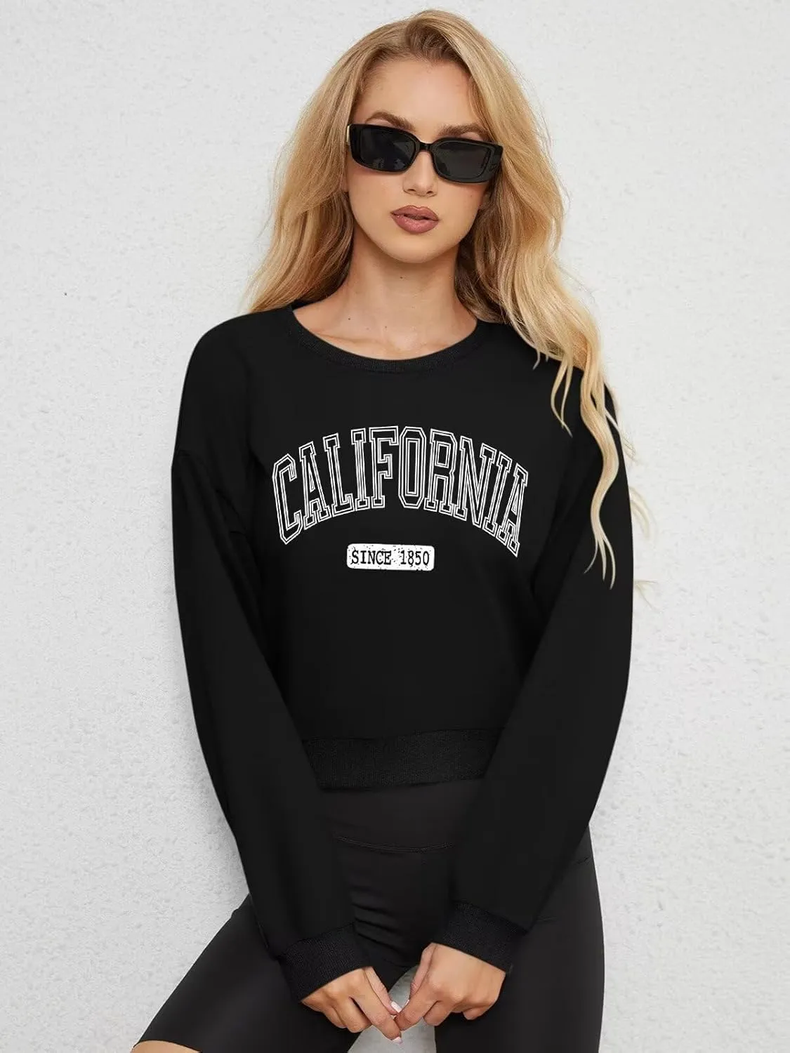 ORANDESIGNE Womens Cropped Letter Printed Sweatshirts Graphic Crewneck Long Sleeve Pullover Casual Loose Fit Tops