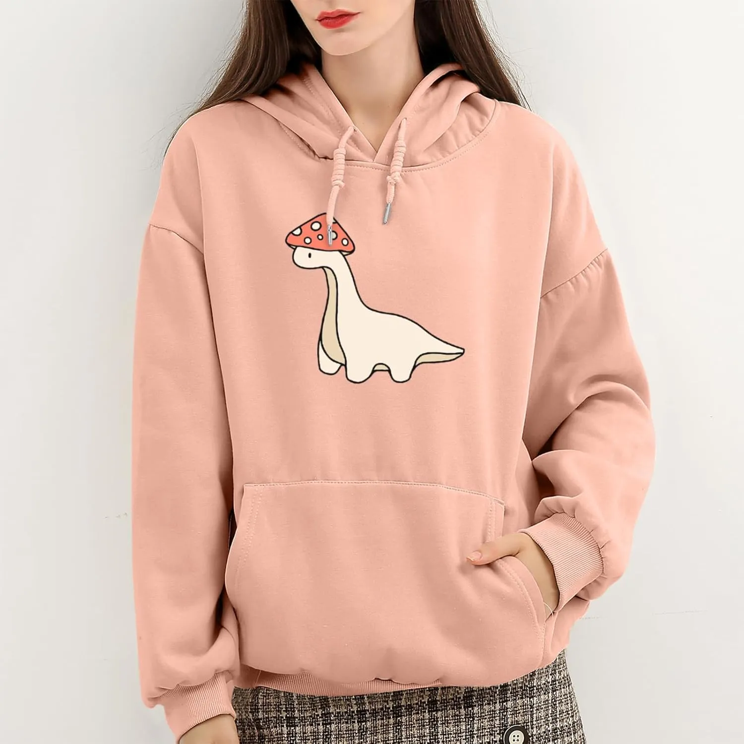 Oversized Cute Mushroom Dino Print Hoodies for Womens Kawaii Cartoon Sweatshirt Teen Girls Cotton Fleece Sweaters