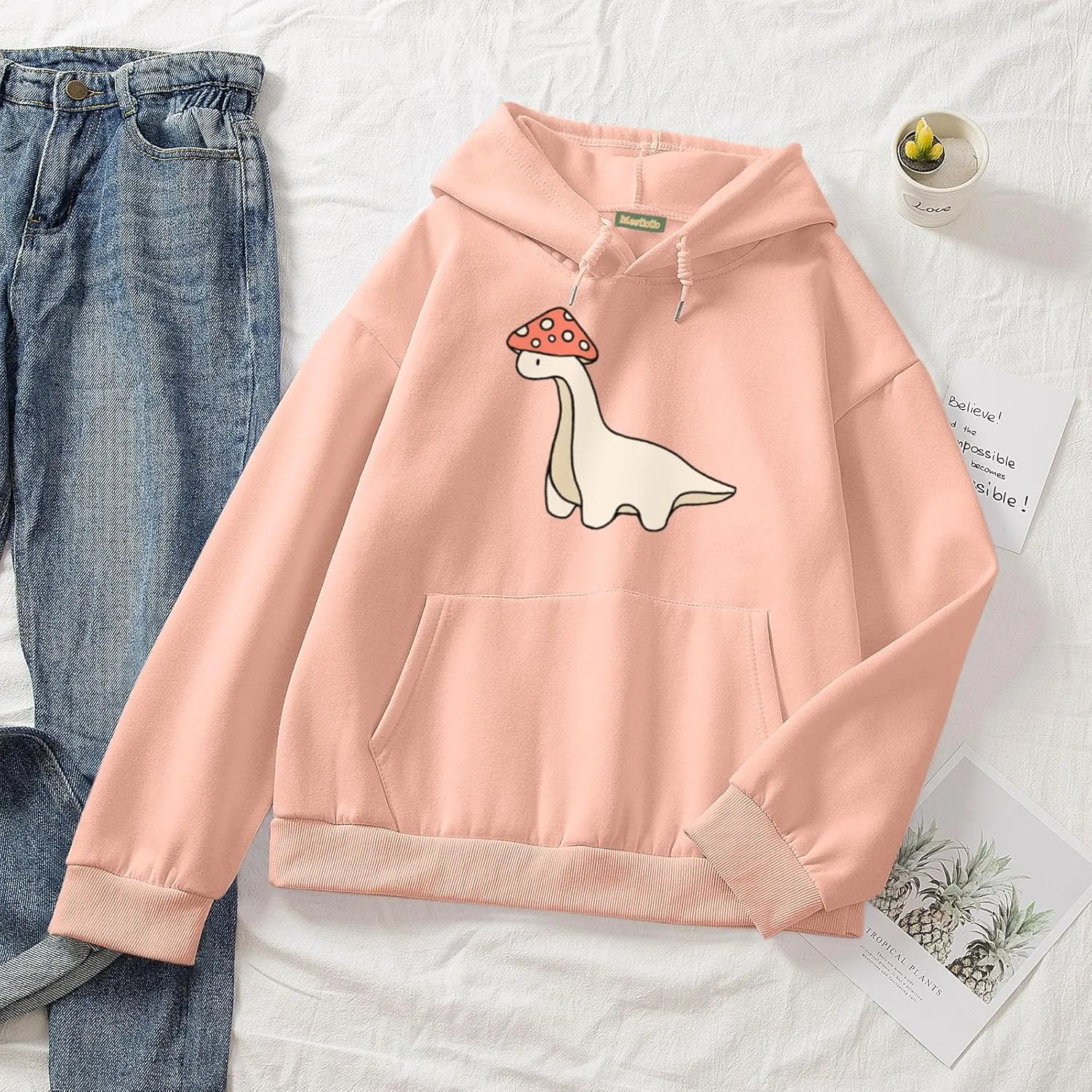Oversized Cute Mushroom Dino Print Hoodies for Womens Kawaii Cartoon Sweatshirt Teen Girls Cotton Fleece Sweaters
