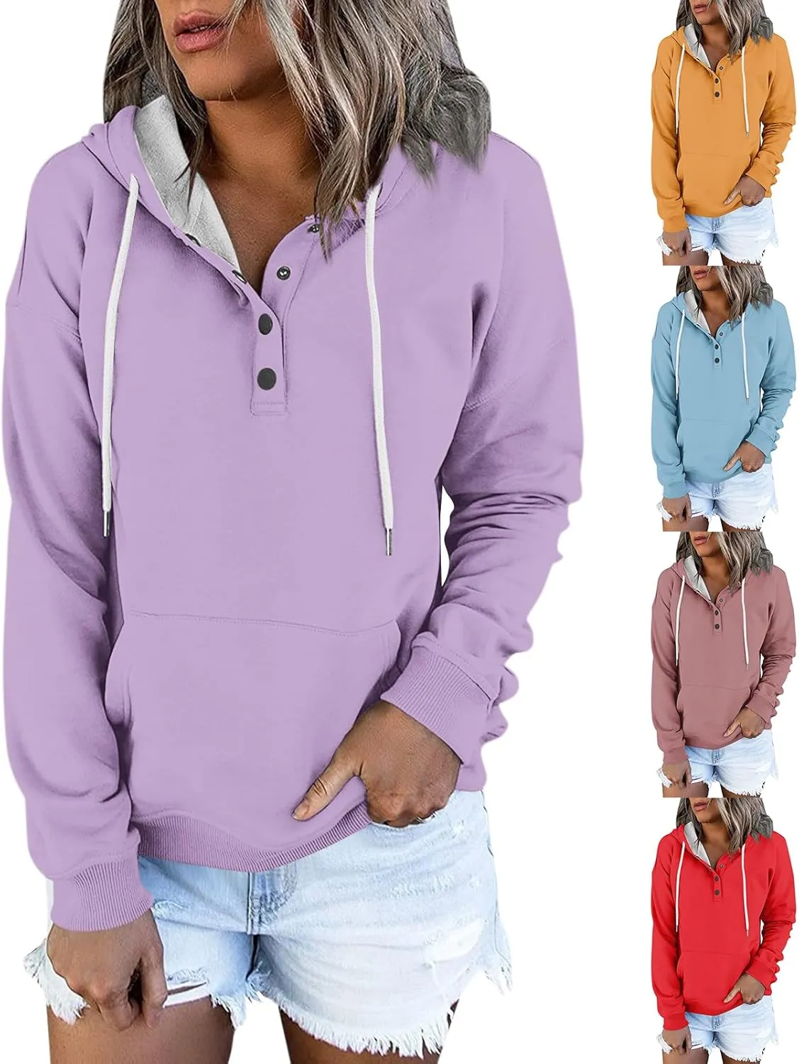 Oversized Hoodies for Women Button Down Drop Shoulder Drawstring Sweatshirt Ribbed Long Sleeve Tops with Pockets