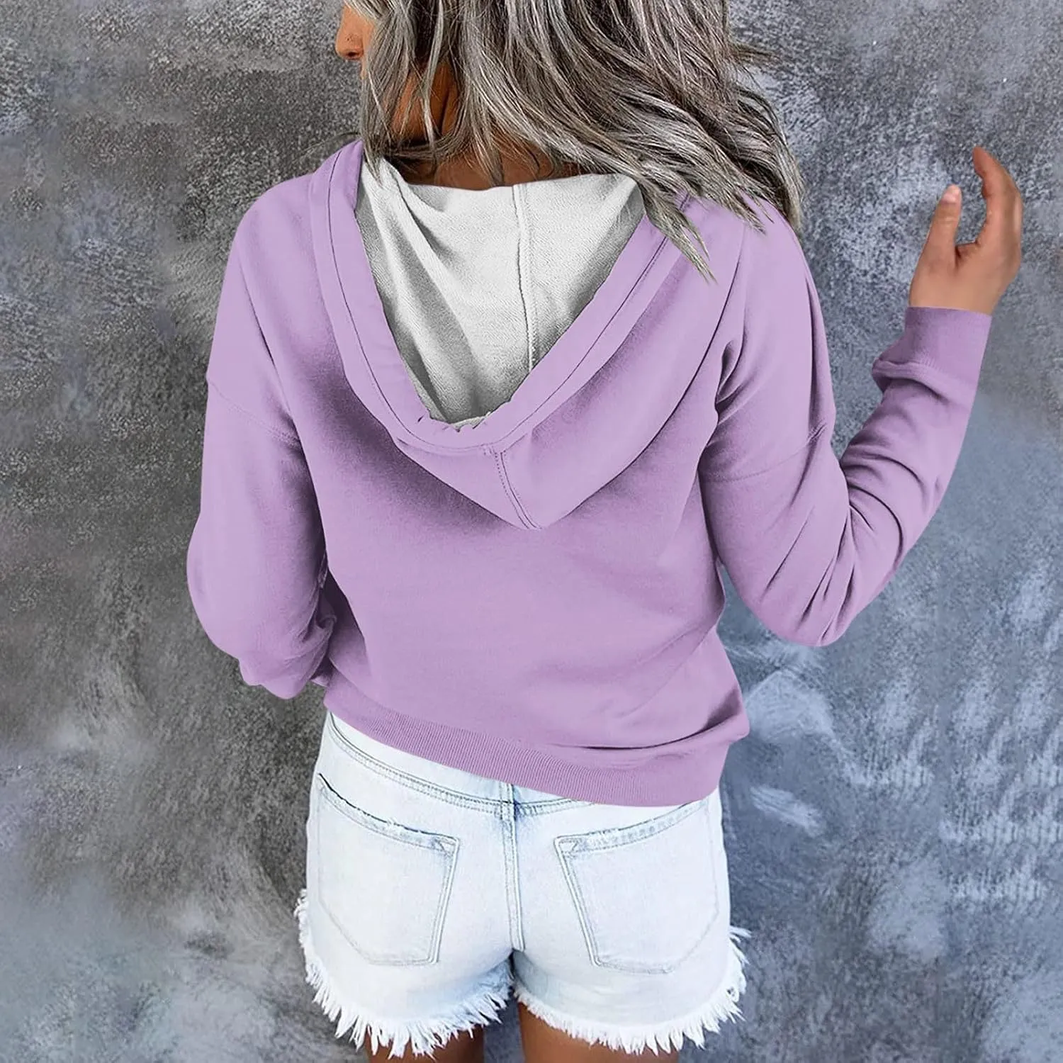 Oversized Hoodies for Women Button Down Drop Shoulder Drawstring Sweatshirt Ribbed Long Sleeve Tops with Pockets