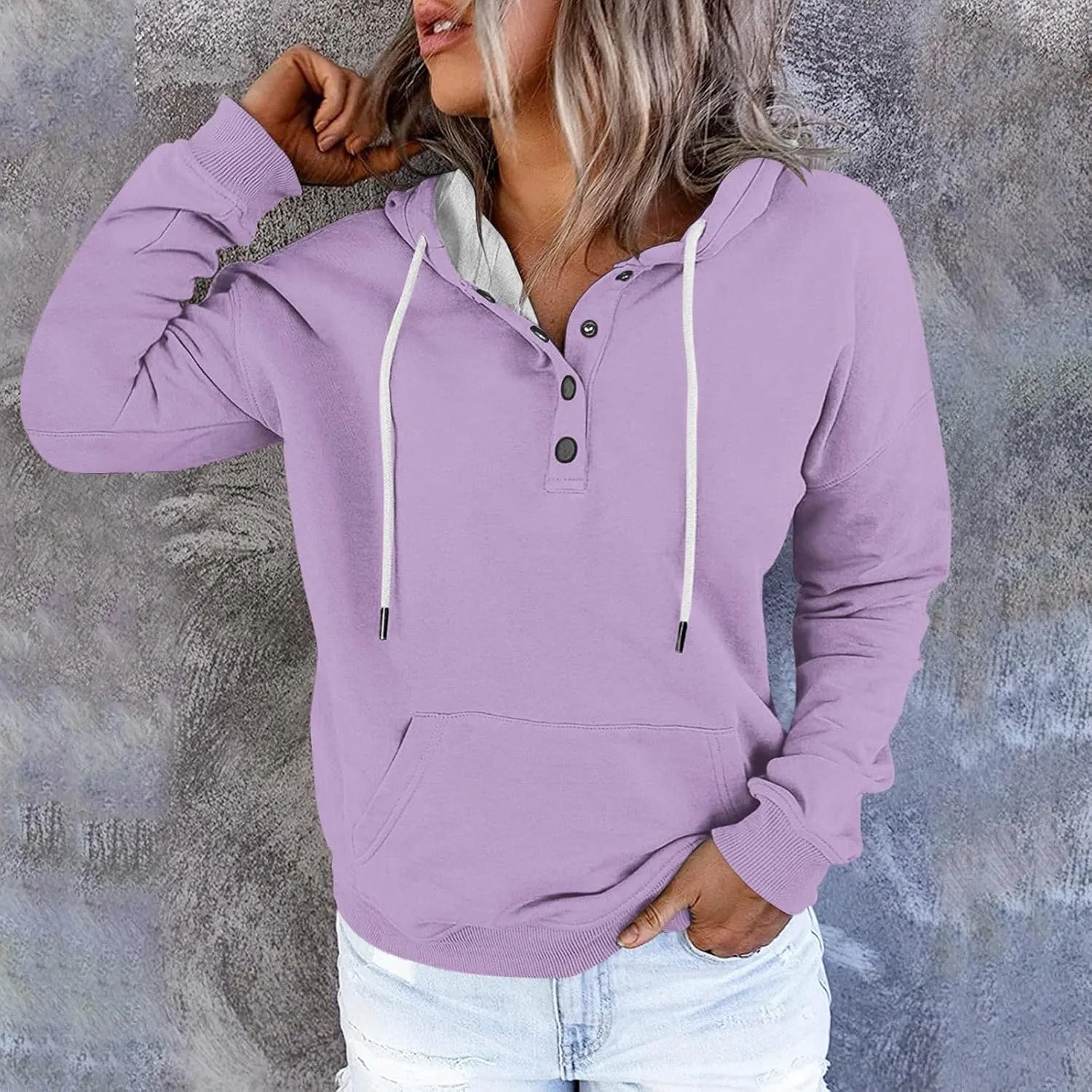 Oversized Hoodies for Women Button Down Drop Shoulder Drawstring Sweatshirt Ribbed Long Sleeve Tops with Pockets
