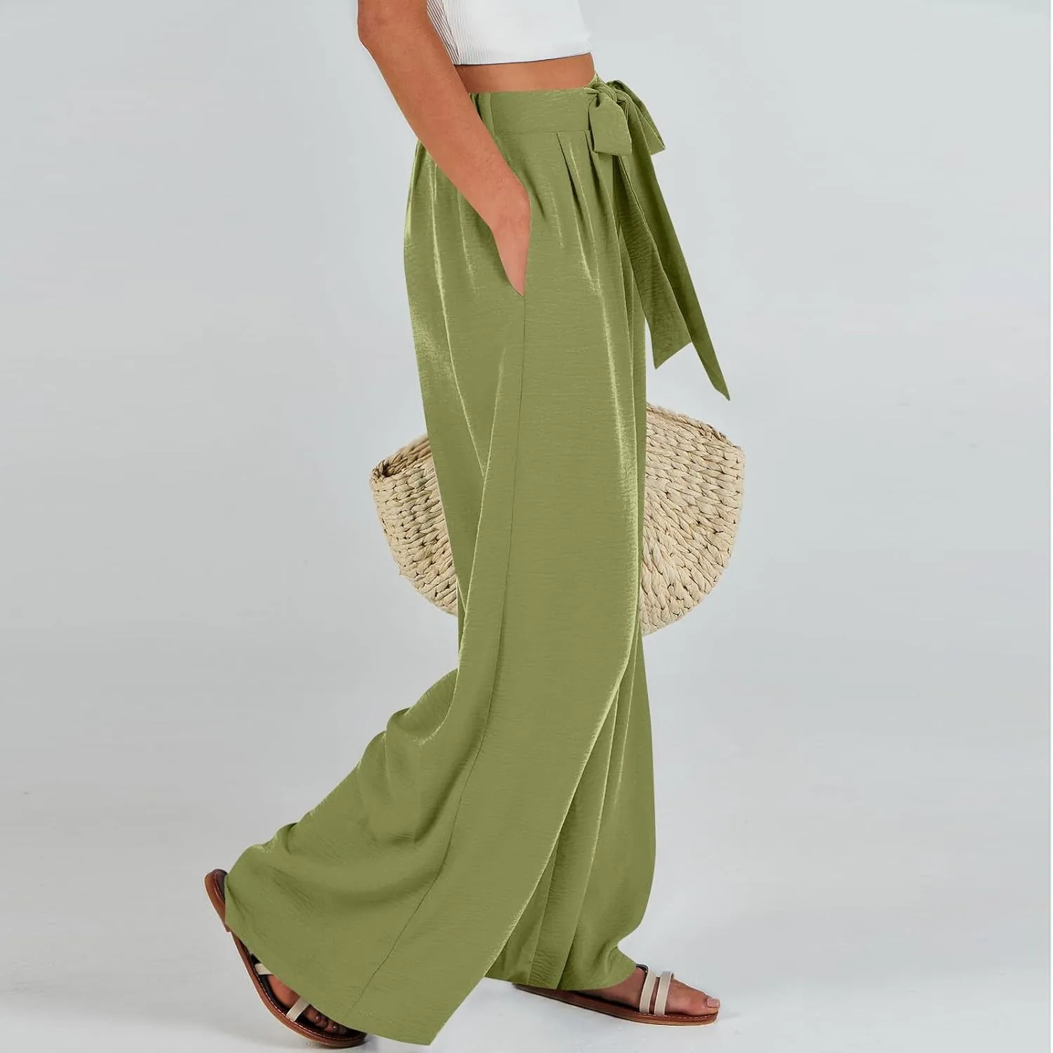 Palazzo Pants for Women Casual Tie High Waist Baggy Flowy Pants Beach Boho Business Dressy Lounge Slacks with Pockets