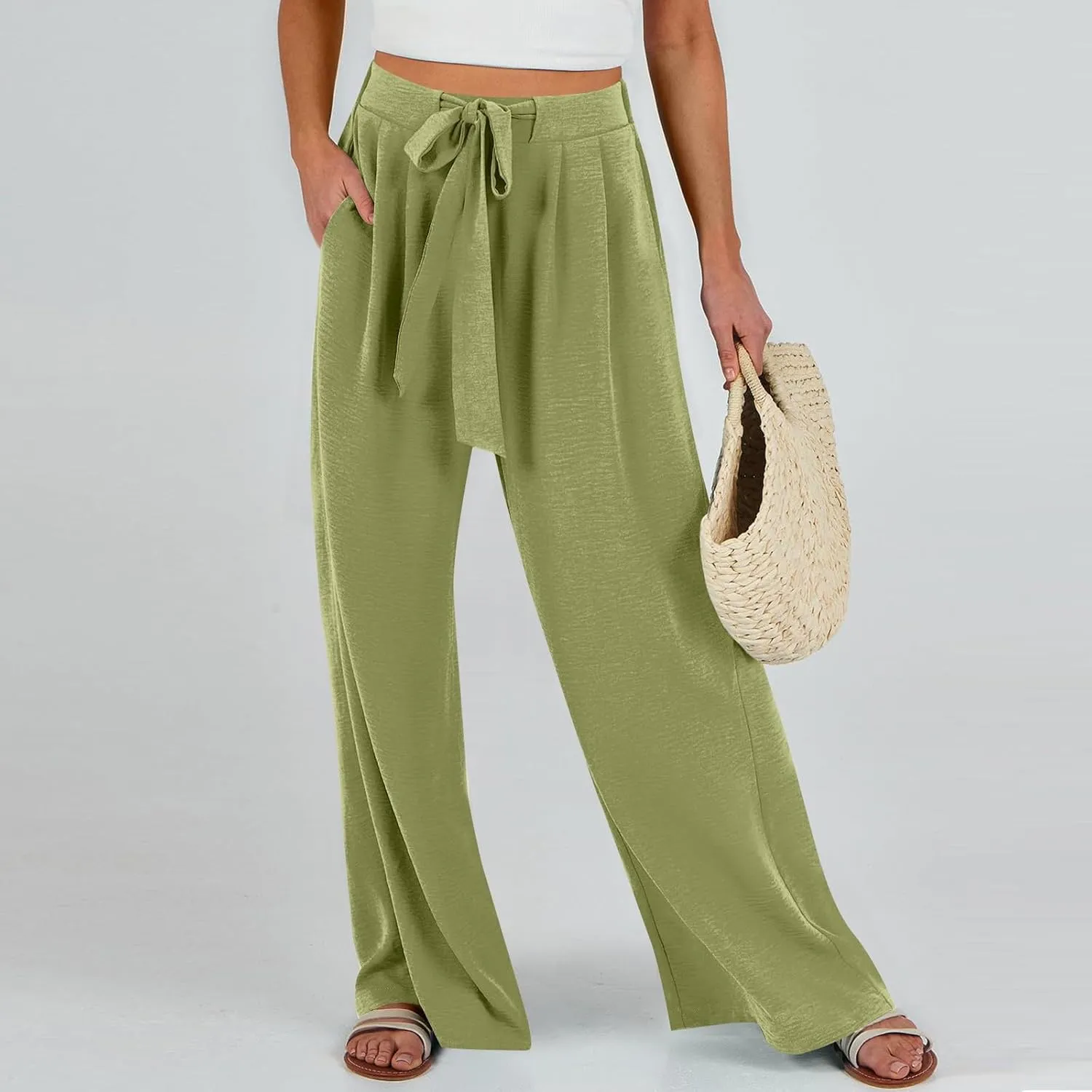 Palazzo Pants for Women Casual Tie High Waist Baggy Flowy Pants Beach Boho Business Dressy Lounge Slacks with Pockets