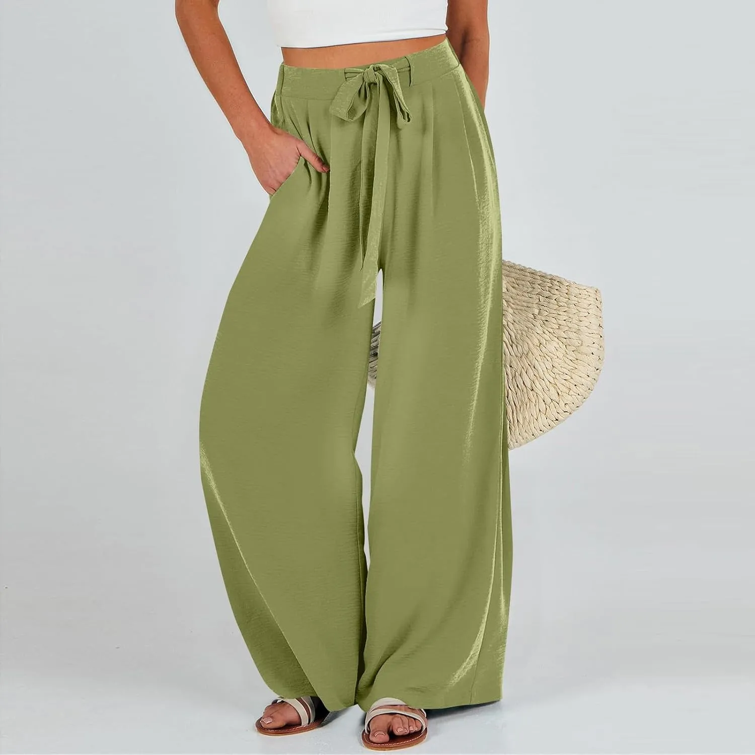 Palazzo Pants for Women Casual Tie High Waist Baggy Flowy Pants Beach Boho Business Dressy Lounge Slacks with Pockets
