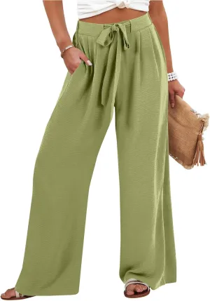 Palazzo Pants for Women Casual Tie High Waist Baggy Flowy Pants Beach Boho Business Dressy Lounge Slacks with Pockets