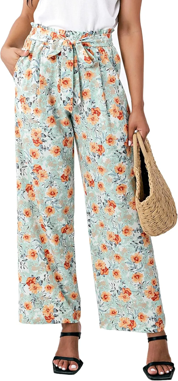 Palazzo Pants for Women Casual, Women's Wide Leg Pants with High Waist Adjustable Knot, Comfy Workwear