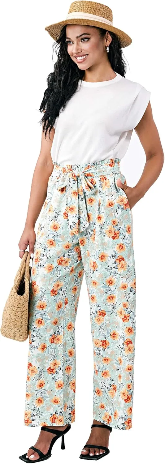 Palazzo Pants for Women Casual, Women's Wide Leg Pants with High Waist Adjustable Knot, Comfy Workwear