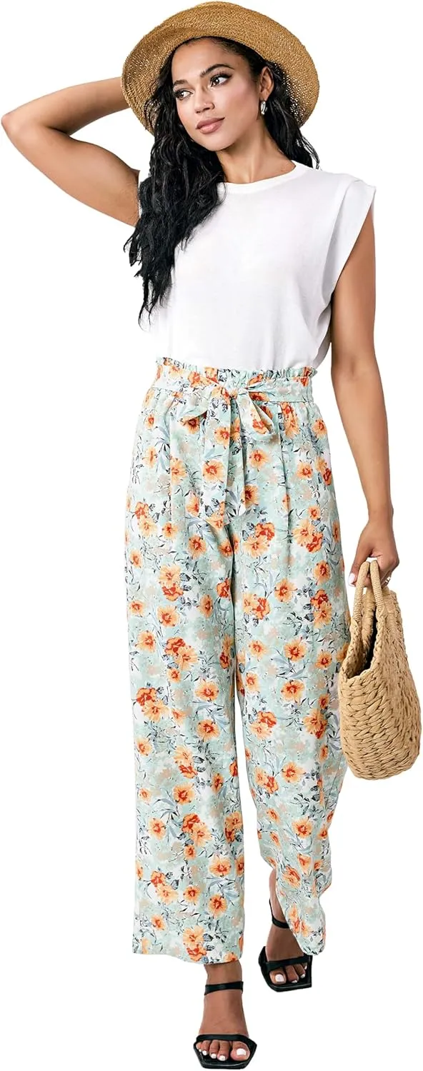 Palazzo Pants for Women Casual, Women's Wide Leg Pants with High Waist Adjustable Knot, Comfy Workwear