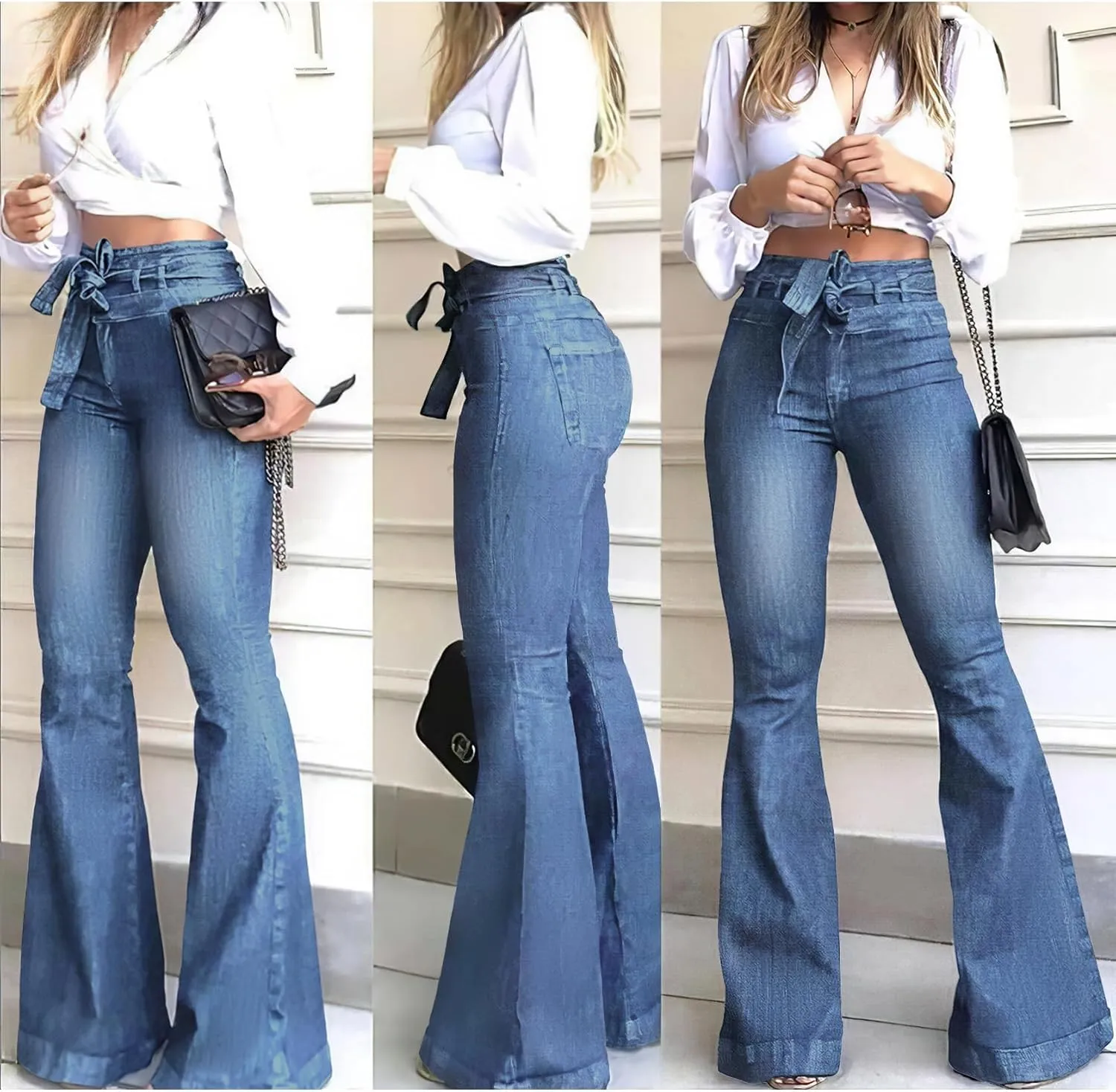 Pantete Womens High Waisted Bell Bottom Jeans Denim High Rise Flare Jean Pants with Wide Leg and Belt