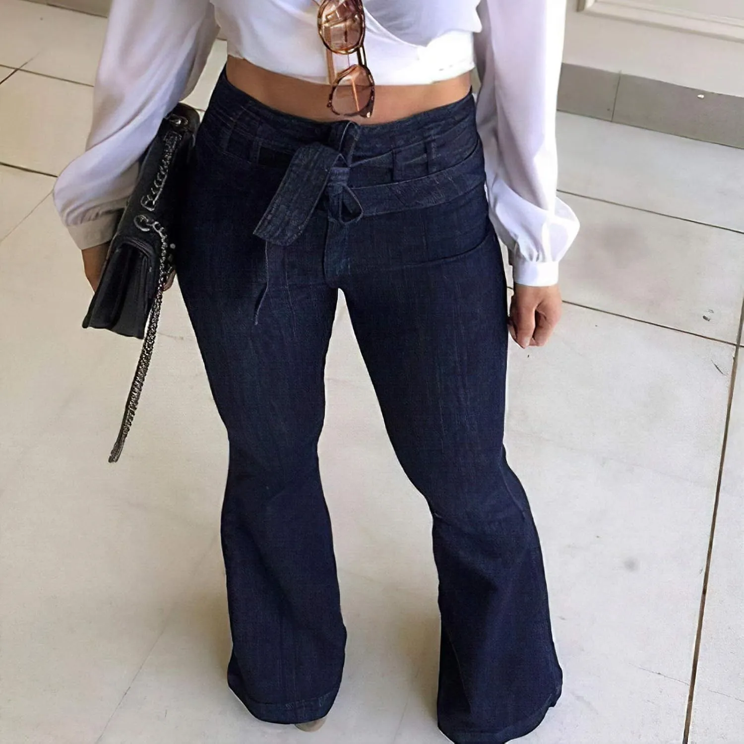 Pantete Womens High Waisted Bell Bottom Jeans Denim High Rise Flare Jean Pants with Wide Leg and Belt