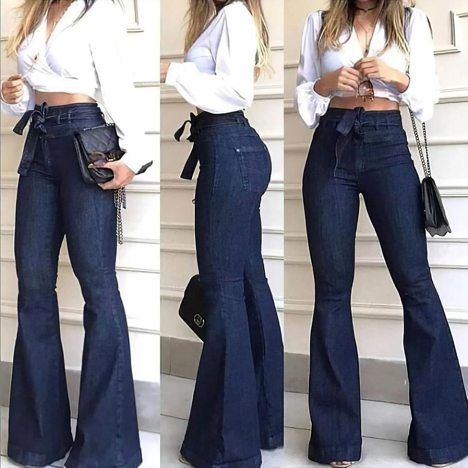 Pantete Womens High Waisted Bell Bottom Jeans Denim High Rise Flare Jean Pants with Wide Leg and Belt