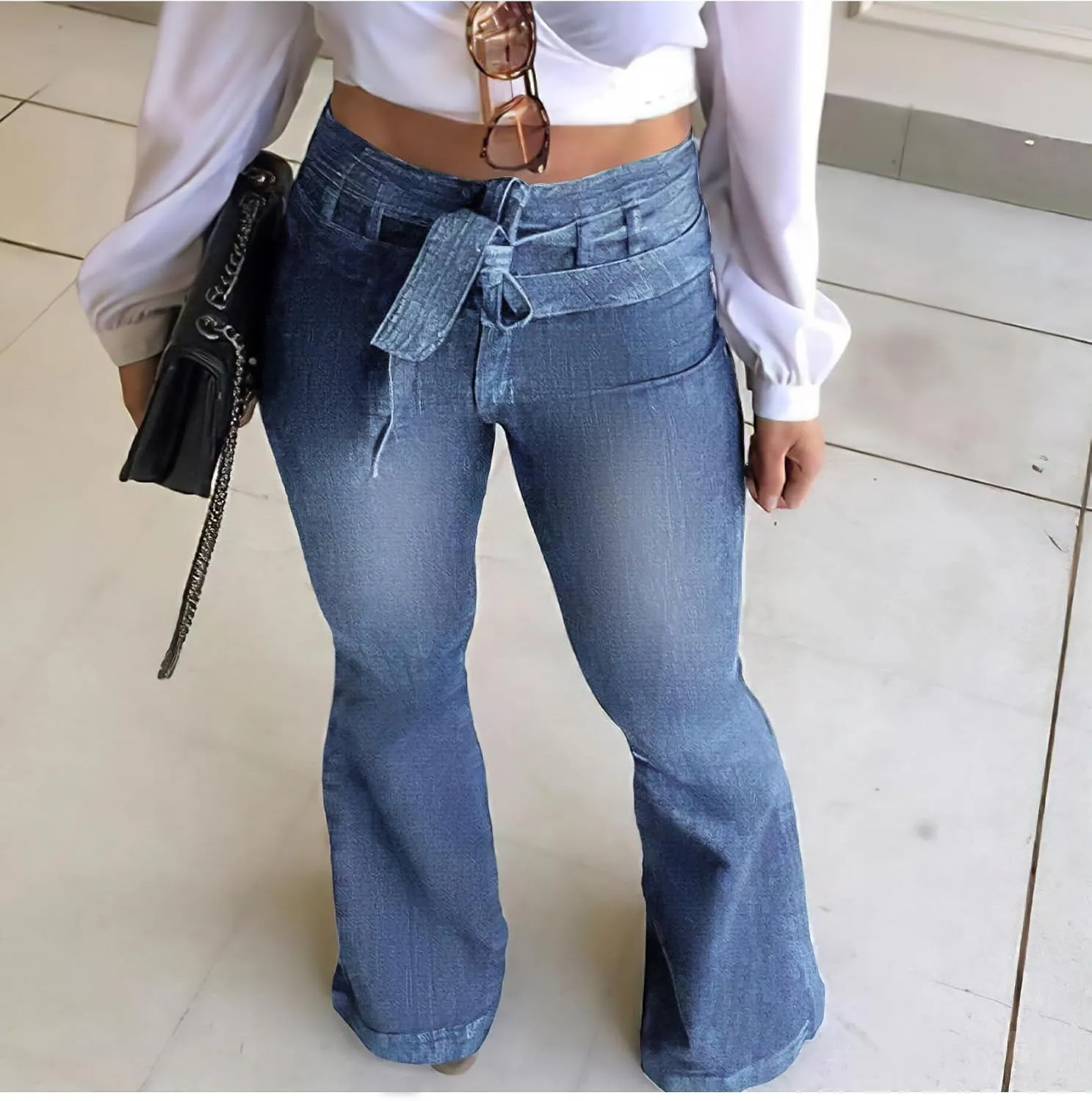 Pantete Womens High Waisted Bell Bottom Jeans Denim High Rise Flare Jean Pants with Wide Leg and Belt