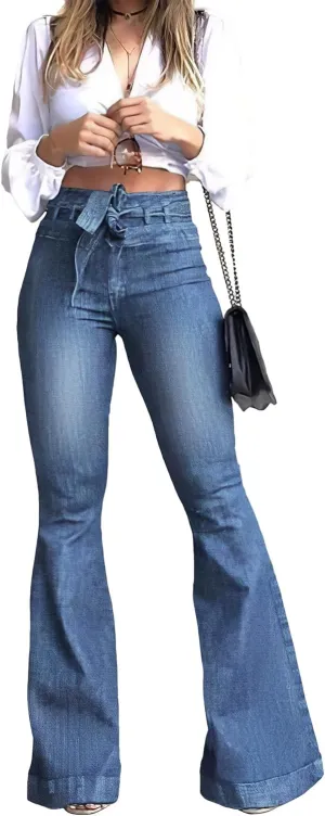 Pantete Womens High Waisted Bell Bottom Jeans Denim High Rise Flare Jean Pants with Wide Leg and Belt