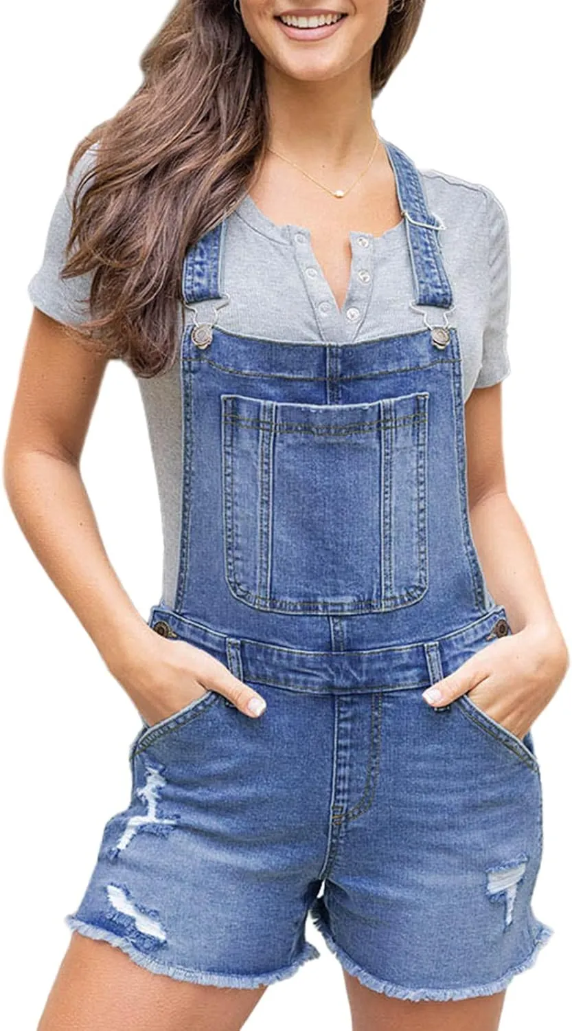 Pink Queen Women's Denim Shortalls Casual Adjustable Straps High Waist Bib Jeans Overalls Shorts Romper with Pockets