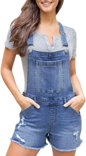Pink Queen Women's Denim Shortalls Casual Adjustable Straps High Waist Bib Jeans Overalls Shorts Romper with Pockets