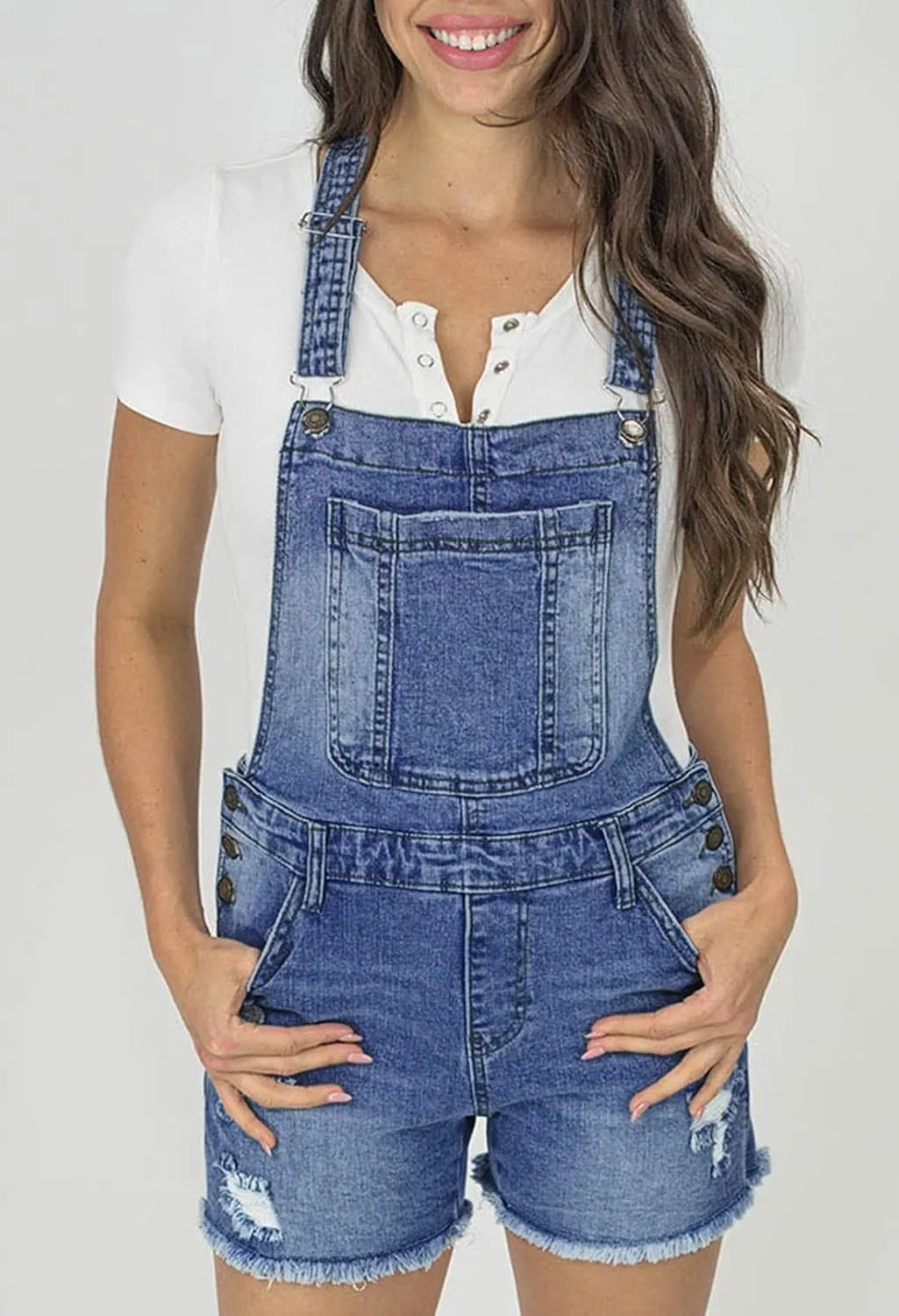 Pink Queen Women's Denim Shortalls Casual Adjustable Straps High Waist Bib Jeans Overalls Shorts Romper with Pockets