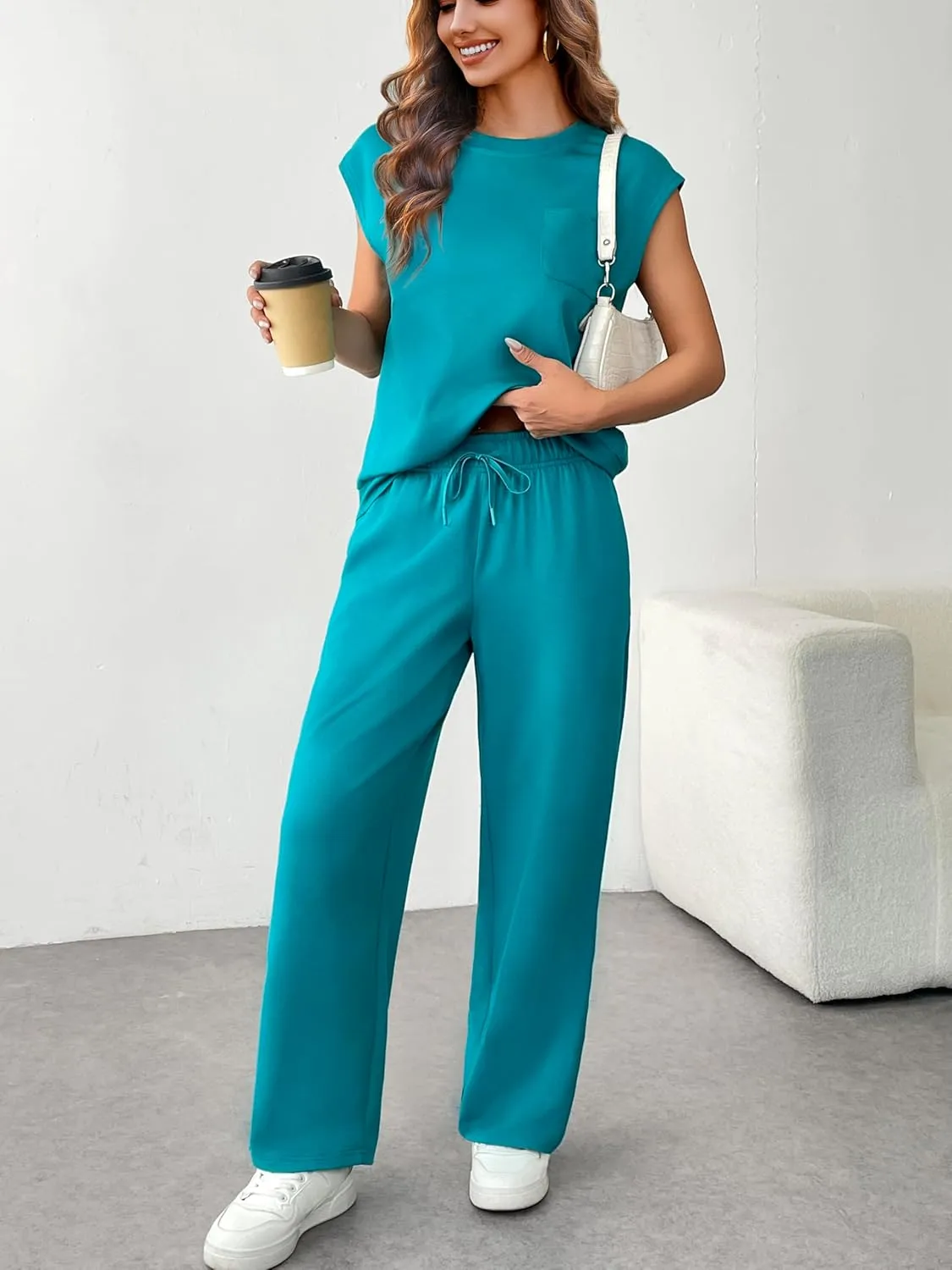 PINSPARK 2 Piece Sets for Women Summer Lounge Set Cap Sleeves Sweatsuit Cropped Wide Leg Pants 2025 Matching Travel Tracksuit