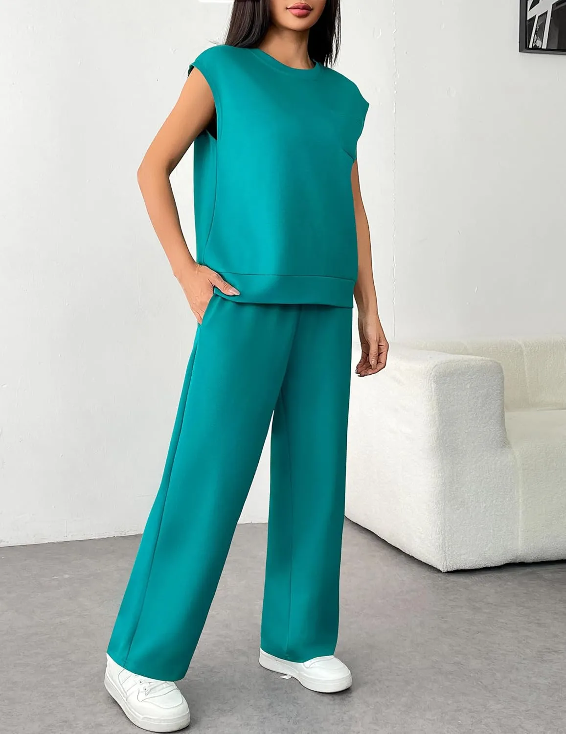 PINSPARK 2 Piece Sets for Women Summer Lounge Set Cap Sleeves Sweatsuit Cropped Wide Leg Pants 2025 Matching Travel Tracksuit