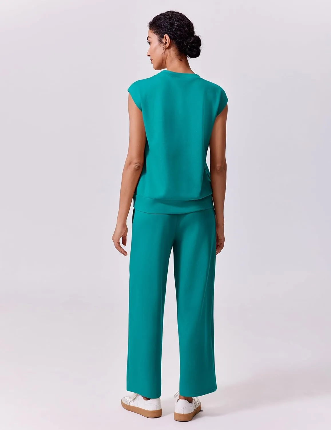 PINSPARK 2 Piece Sets for Women Summer Lounge Set Cap Sleeves Sweatsuit Cropped Wide Leg Pants 2025 Matching Travel Tracksuit