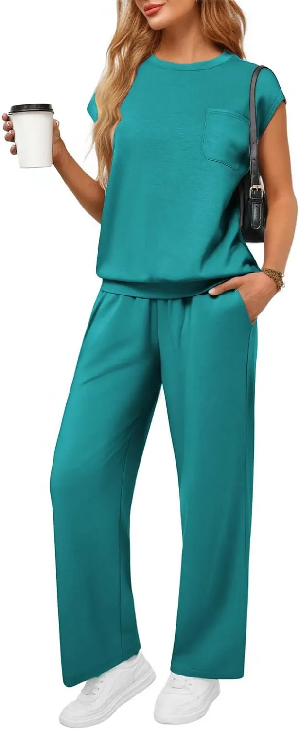 PINSPARK 2 Piece Sets for Women Summer Lounge Set Cap Sleeves Sweatsuit Cropped Wide Leg Pants 2025 Matching Travel Tracksuit