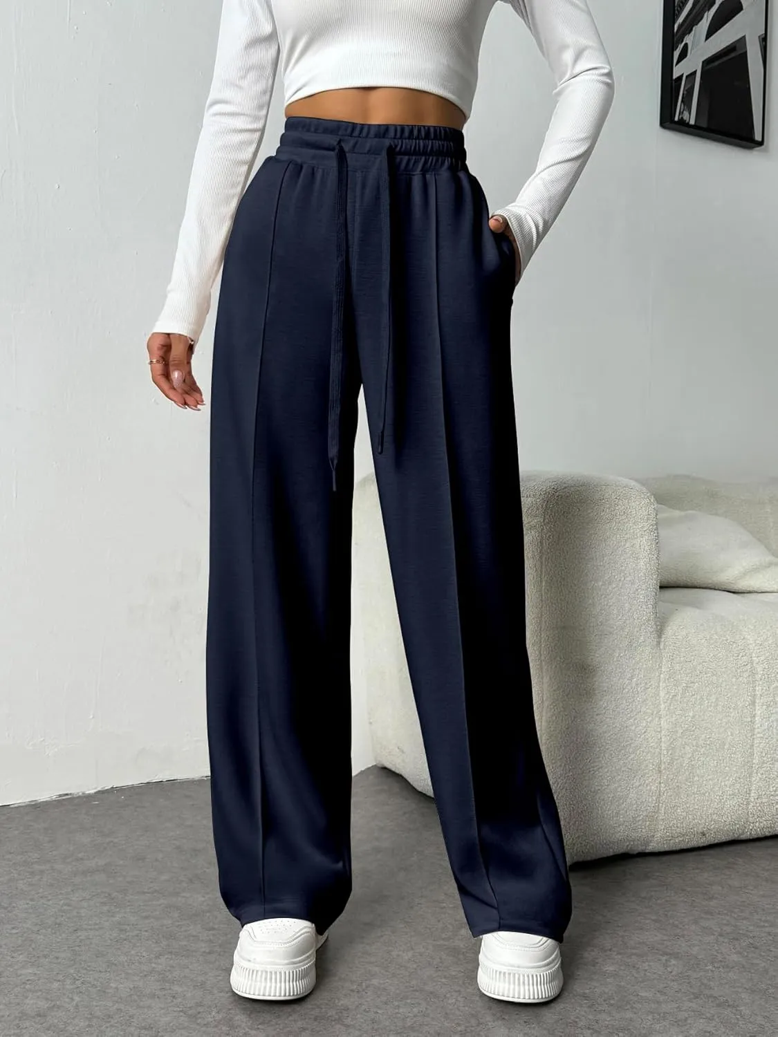 PINSPARK Wide Leg Sweatpants Women High Waisted Baggy Sweat Pants Elastic Elevated Seams Loose Active Pants with Pockets