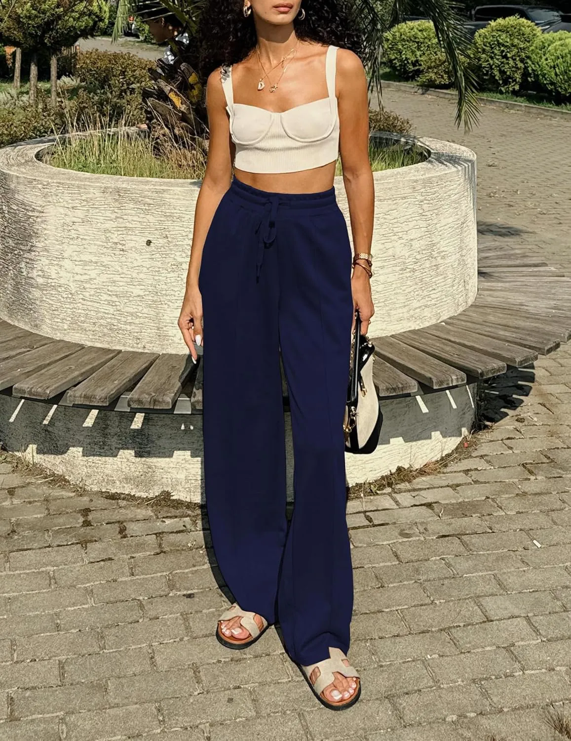 PINSPARK Wide Leg Sweatpants Women High Waisted Baggy Sweat Pants Elastic Elevated Seams Loose Active Pants with Pockets