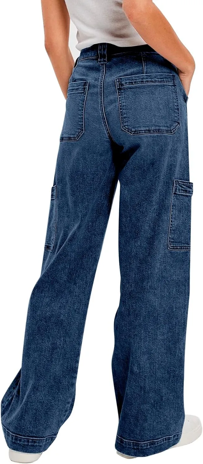 PLNOTME Women's Cargo Jeans Baggy High Waisted Wide Leg Casual Denim Pants with Pockets