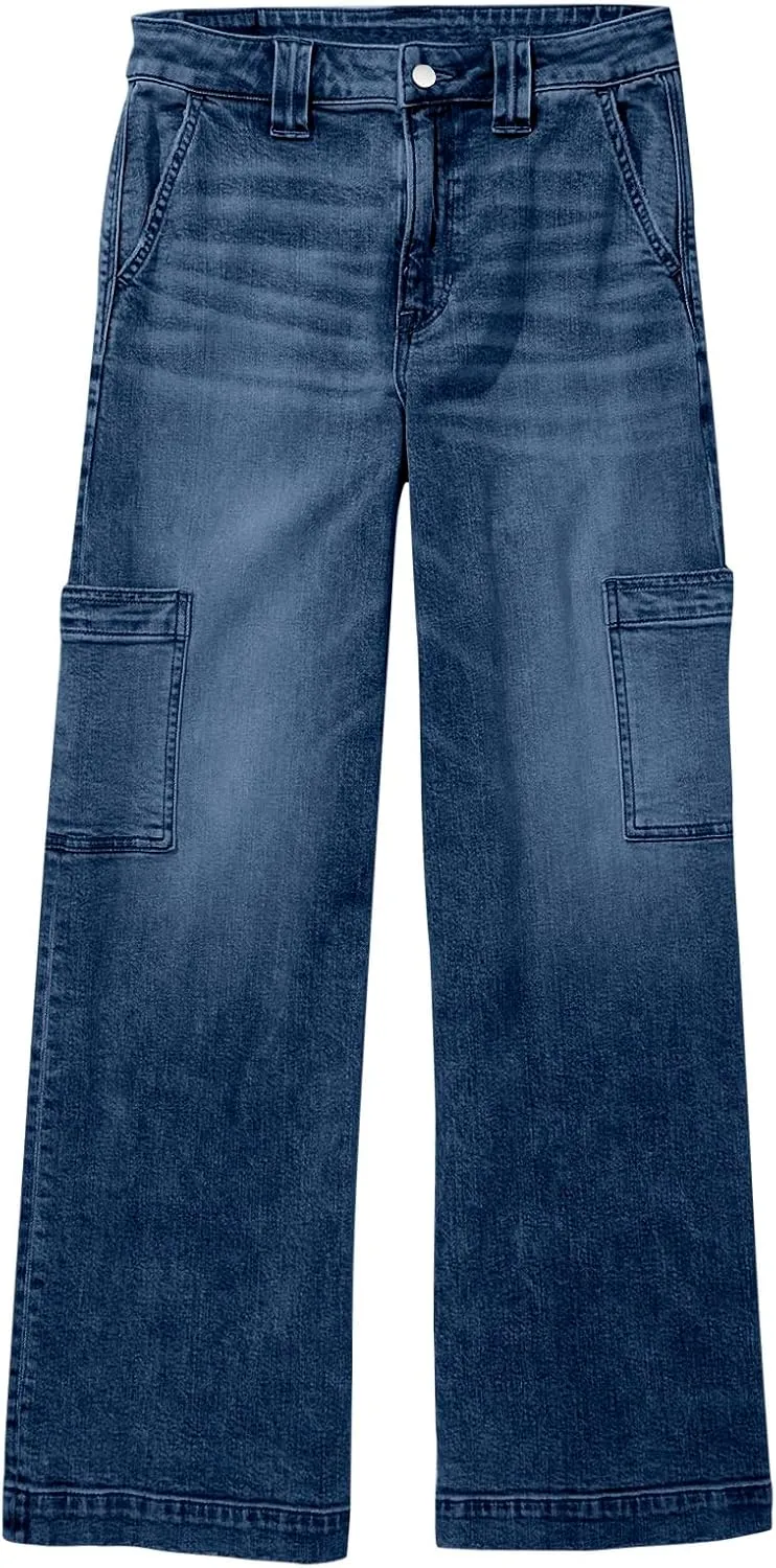 PLNOTME Women's Cargo Jeans Baggy High Waisted Wide Leg Casual Denim Pants with Pockets
