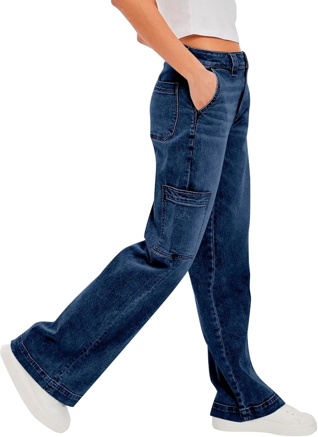 PLNOTME Women's Cargo Jeans Baggy High Waisted Wide Leg Casual Denim Pants with Pockets