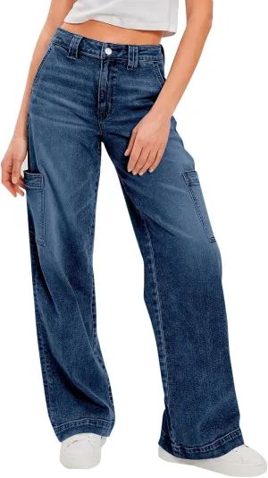 PLNOTME Women's Cargo Jeans Baggy High Waisted Wide Leg Casual Denim Pants with Pockets