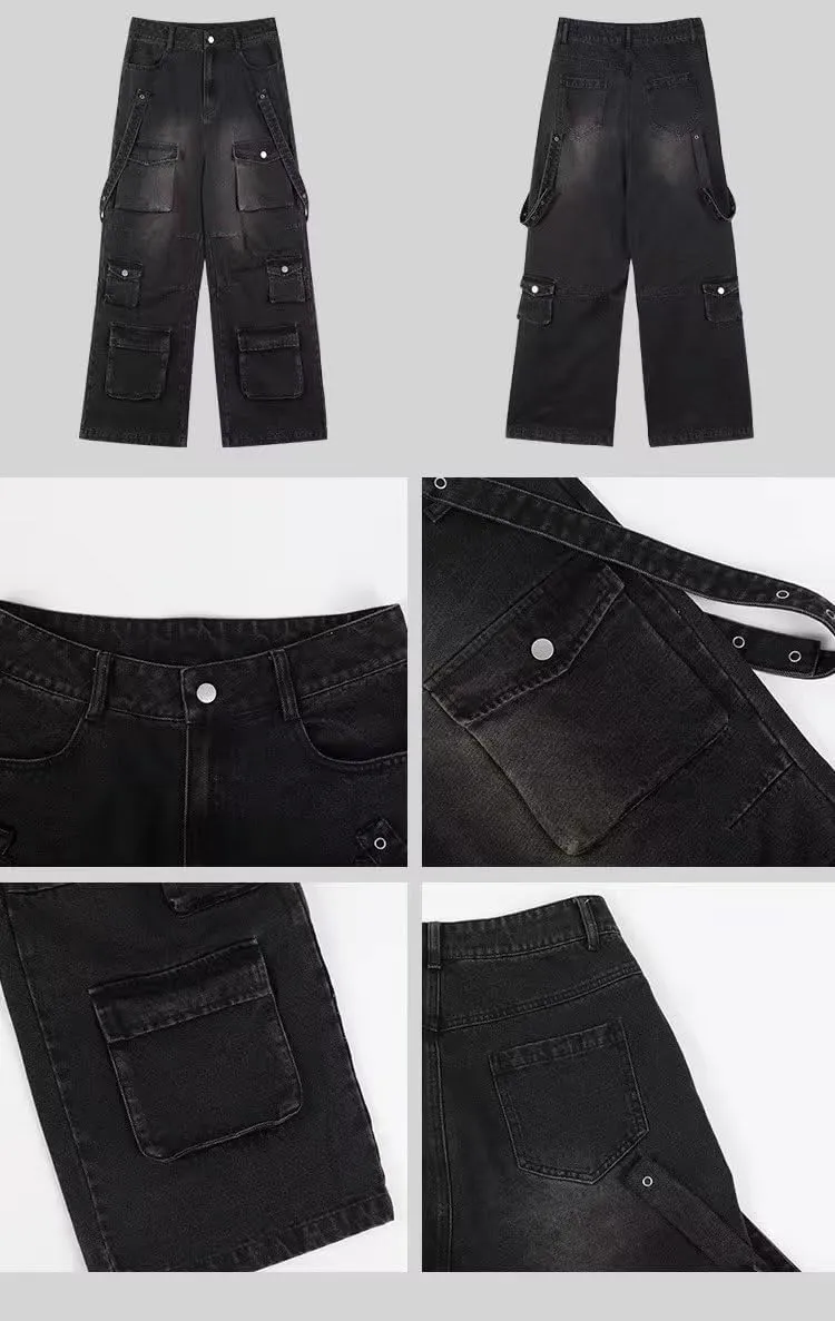 POHADON Baggy Cargo Pants for Women Loose Fit Straight Wide Leg Denim Jeans Pants Y2k Emo Clothes Hip Hop Streetwear