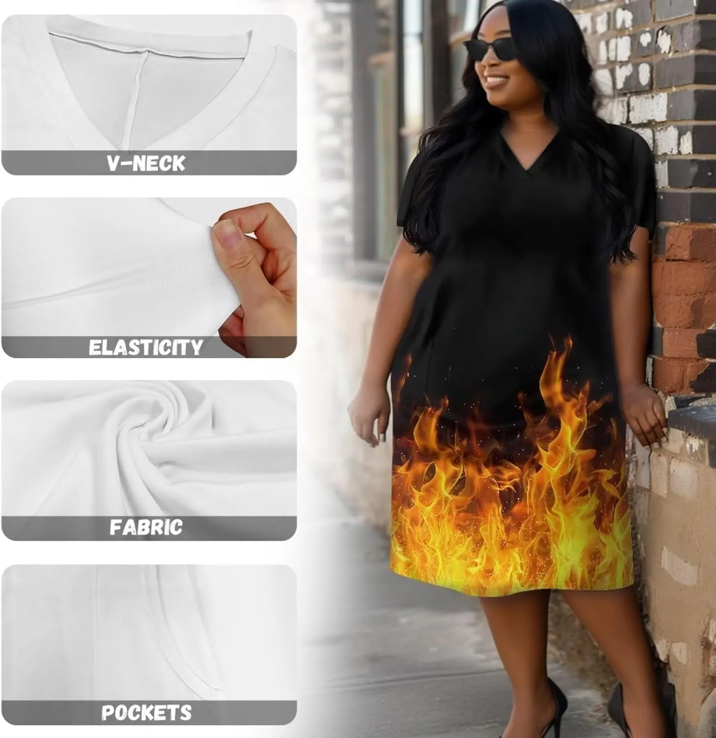 POLERO Plus Size Dress for Women Short Sleeve Midi Dress with Pockets Casual V Neck Tshirt Dresses