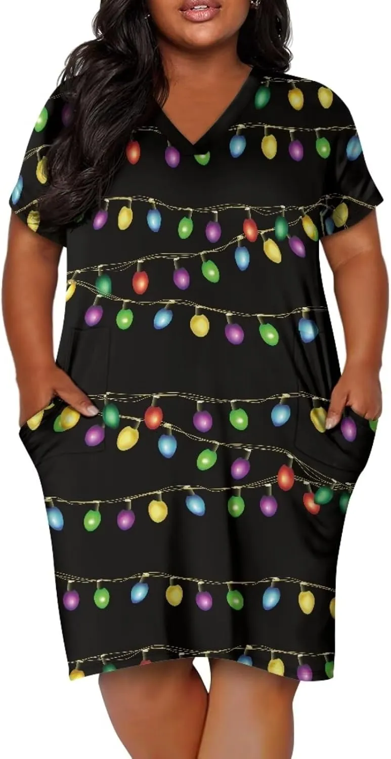 POLERO Plus Size Dress for Women Short Sleeve Midi Dress with Pockets Casual V Neck Tshirt Dresses