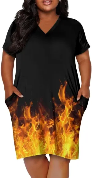 POLERO Plus Size Dress for Women Short Sleeve Midi Dress with Pockets Casual V Neck Tshirt Dresses