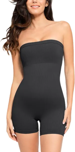 Popilush Black Strapless Romper for Women Tube Yoga Workout Jumpsuit Built in Bra Short Romper Jumpsuit Summer 2024