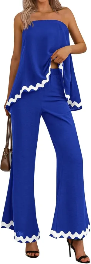 PRETTYGARDEN Women's 2 Piece Outfits 2024 Summer Beach Flowy Womens Tops Dressy Casual Lounge Sets for Women Wide Leg Pants