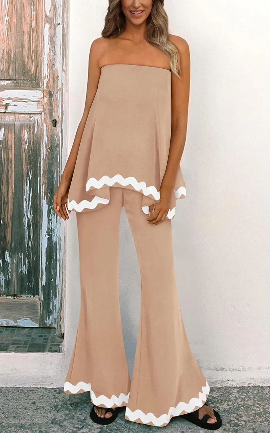 PRETTYGARDEN Women's 2 Piece Outfits 2024 Summer Beach Flowy Womens Tops Dressy Casual Lounge Sets for Women Wide Leg Pants