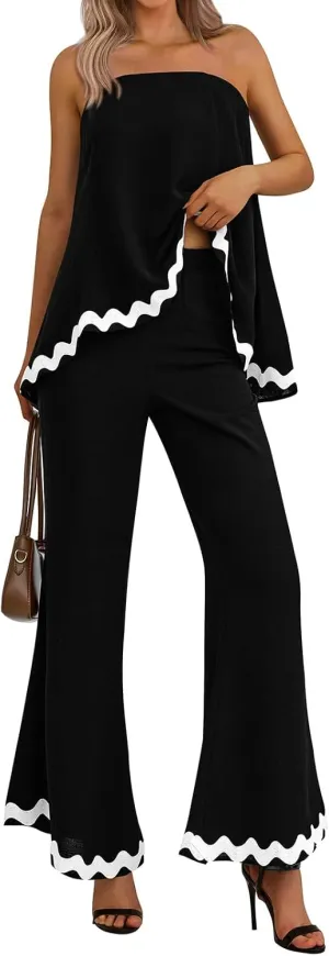 PRETTYGARDEN Women's 2 Piece Outfits 2024 Summer Beach Flowy Womens Tops Dressy Casual Lounge Sets for Women Wide Leg Pants