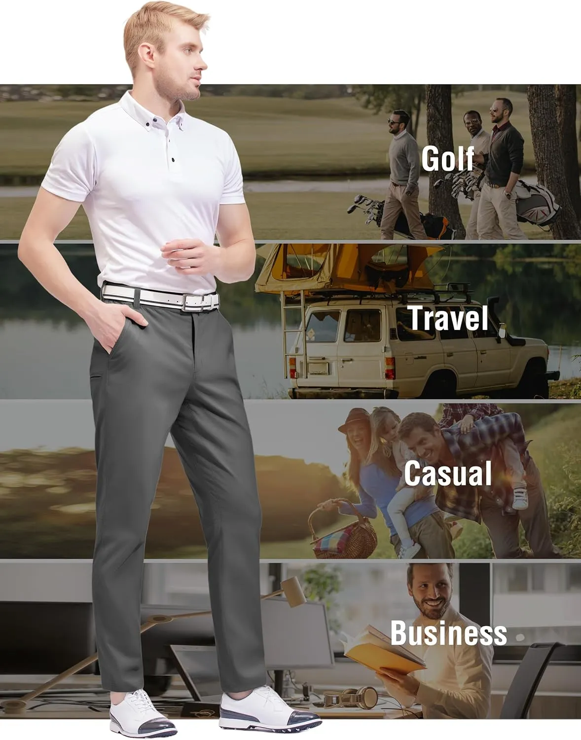 PULI Golf Pants Men Stretch Slim Fit Lightweight Waterproof Dress Casual Hiking Work Pants with Pockets