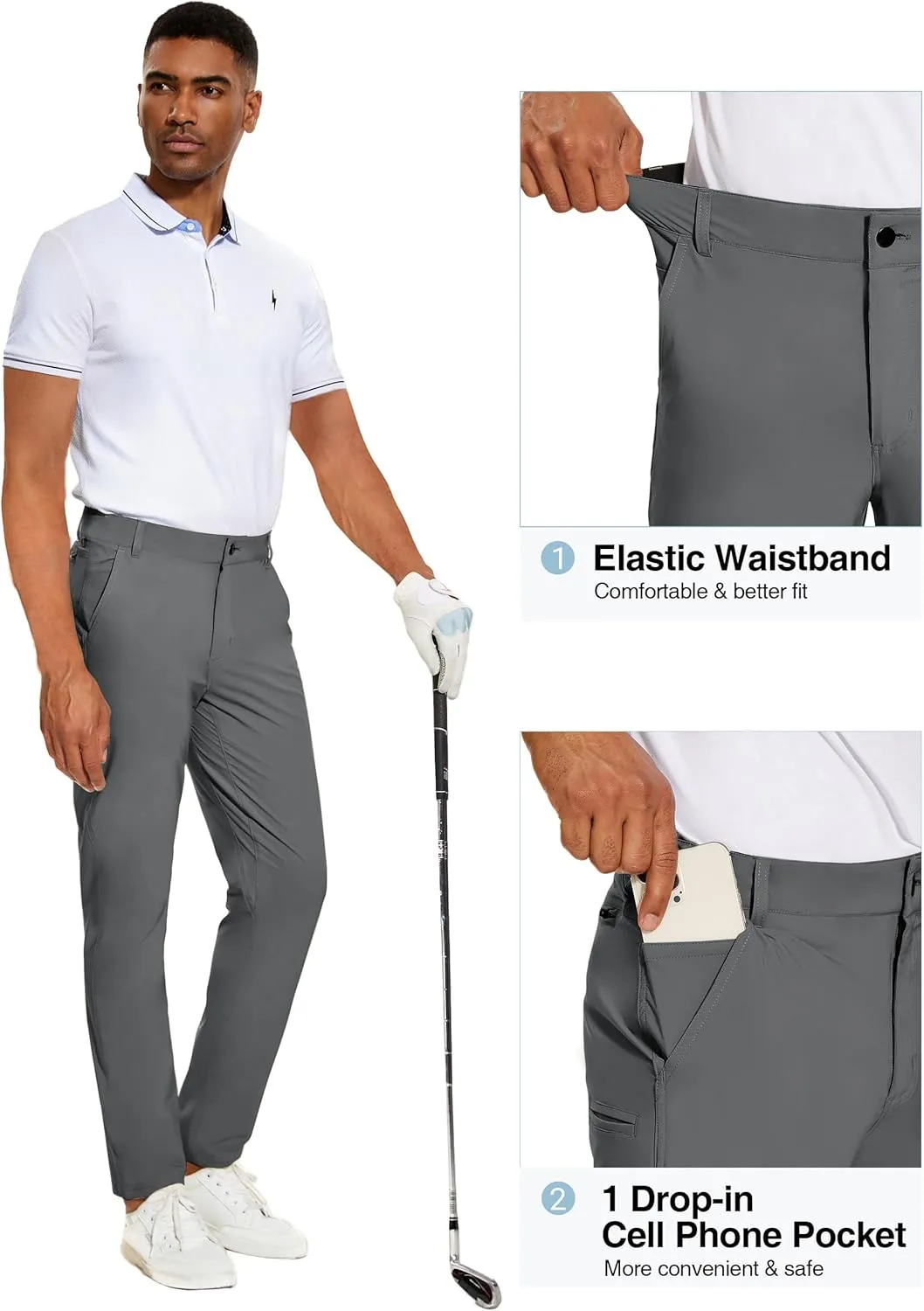 PULI Golf Pants Men Stretch Slim Fit Lightweight Waterproof Dress Casual Hiking Work Pants with Pockets