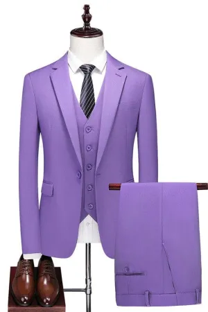 Purple Notched Lapel Three Pieces Prom Suits One Button Wedding Groom Suits