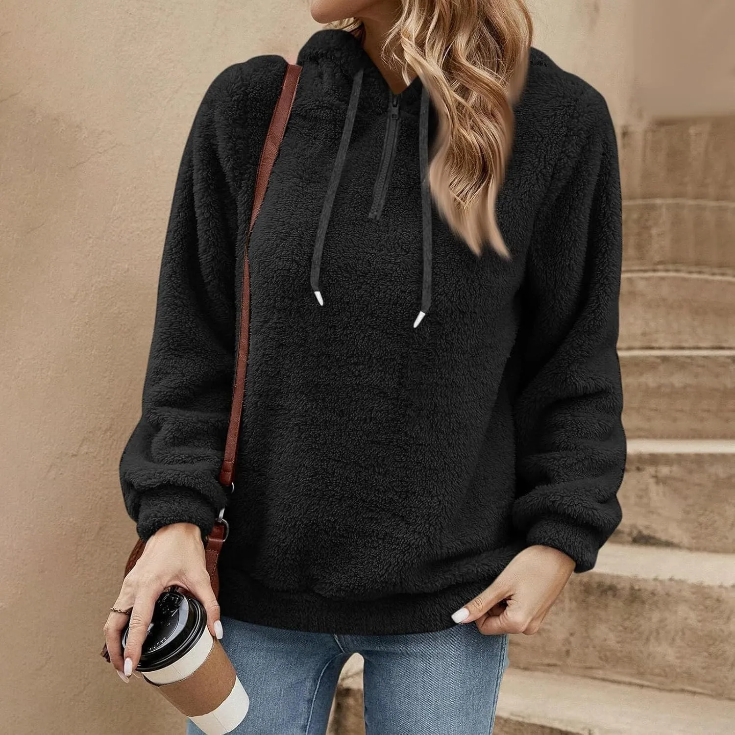 Quarter Zip Pullover Women Baggy Fleece Zipper Hoodie Comfy Cotton Drawstring Sherpa Sweatshirts Pullover Winter Coat