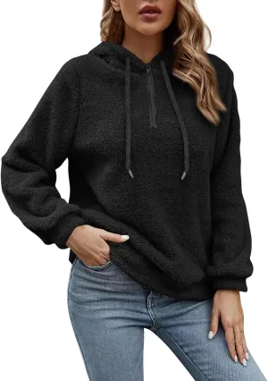 Quarter Zip Pullover Women Baggy Fleece Zipper Hoodie Comfy Cotton Drawstring Sherpa Sweatshirts Pullover Winter Coat